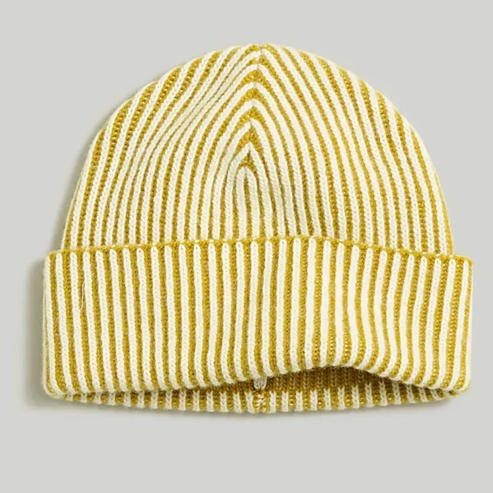 Madewell Golden Meadow Yellow Striped Merino Wool Beanie Cap Hat
